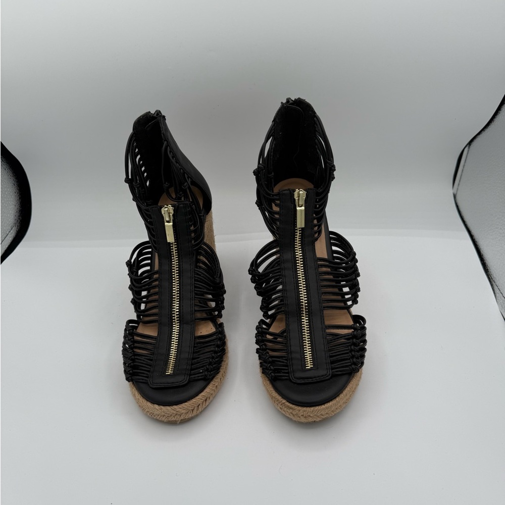 JustFab Black Woven Wedges with Gold Zipper